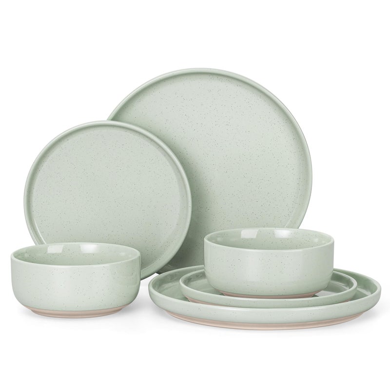 HaWare Stoneware Dinnerware Sets, 6-Piece Plates and Bowls Set for 2, Dishes Set for Home Restaurant, Speckled Asparagus Green - Image 1