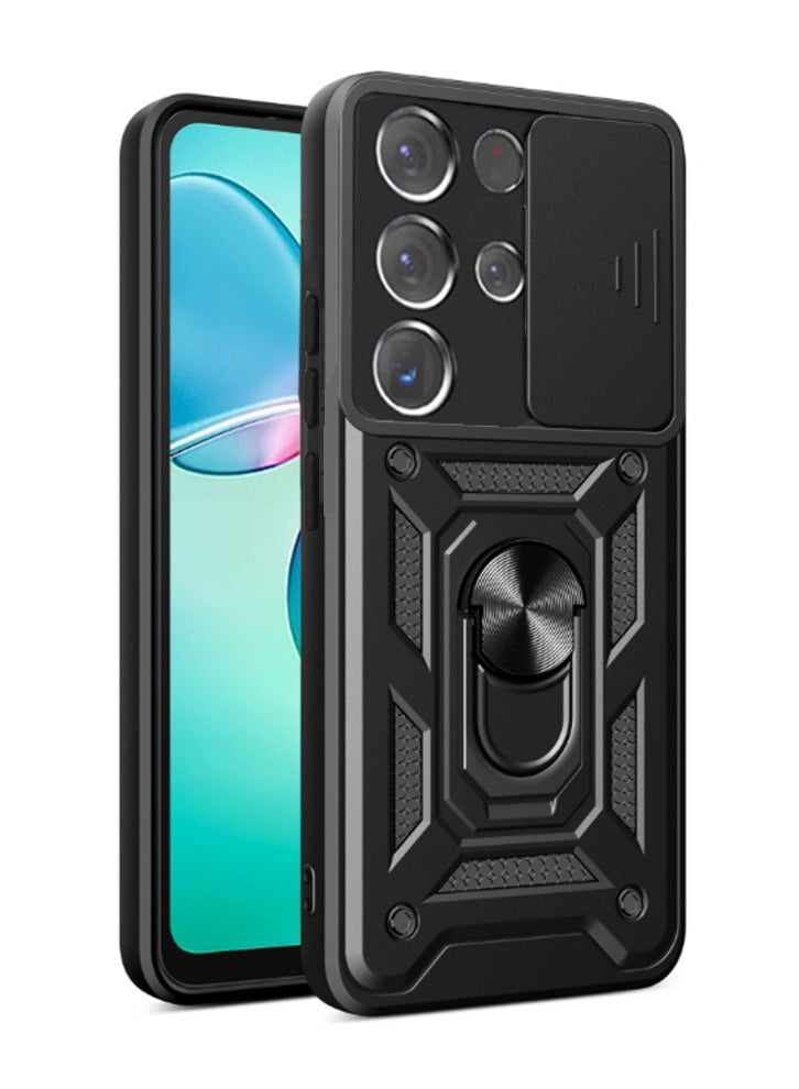 ITEL S25 Ultra 4G Case Cover, Slide Camera Lens Cover + 360°Rotating Kickstand Ring + Support Magnetic Car Mount Shockproof Mobile Phone Case for ITEL S25 Ultra 4G, Black