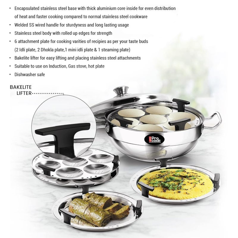 MILTON Pro cook MILTON Pro cook Stainless Steel Multipurpose Kadai with Lid 2 Regular Idli Plate 1 Mini Idli Plate 1 Steamer Plate 2 Dhokla Plate AllinOne Multi PotKadhai Induction Gas Friendly  - Image 5