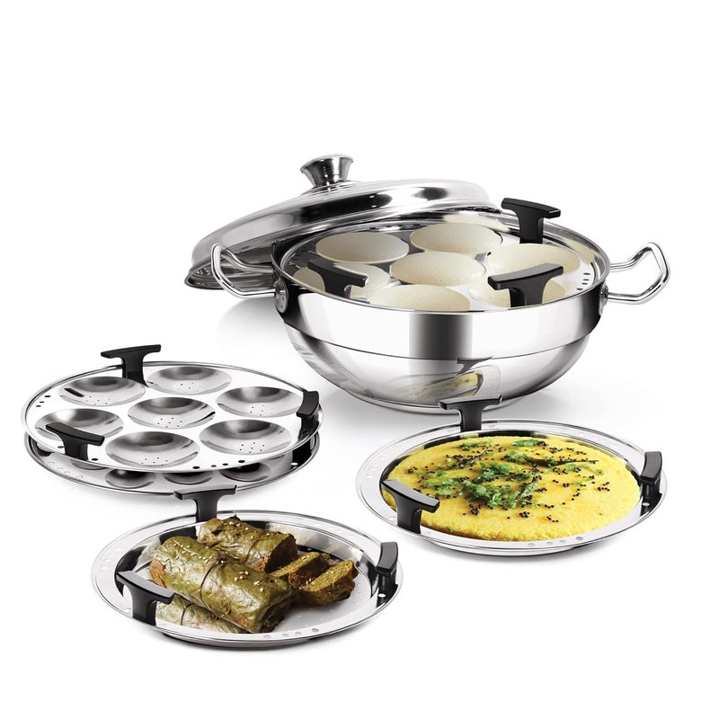 MILTON Pro cook MILTON Pro cook Stainless Steel Multipurpose Kadai with Lid 2 Regular Idli Plate 1 Mini Idli Plate 1 Steamer Plate 2 Dhokla Plate AllinOne Multi PotKadhai Induction Gas Friendly  - Image 1
