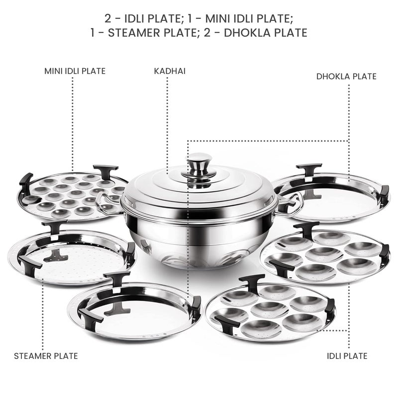 MILTON Pro cook MILTON Pro cook Stainless Steel Multipurpose Kadai with Lid 2 Regular Idli Plate 1 Mini Idli Plate 1 Steamer Plate 2 Dhokla Plate AllinOne Multi PotKadhai Induction Gas Friendly  - Image 2