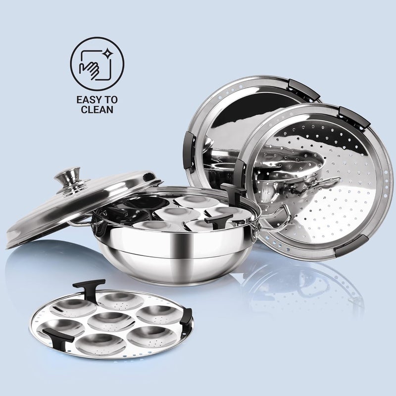 MILTON Pro cook MILTON Pro cook Stainless Steel Multipurpose Kadai with Lid 2 Regular Idli Plate 1 Mini Idli Plate 1 Steamer Plate 2 Dhokla Plate AllinOne Multi PotKadhai Induction Gas Friendly  - Image 4