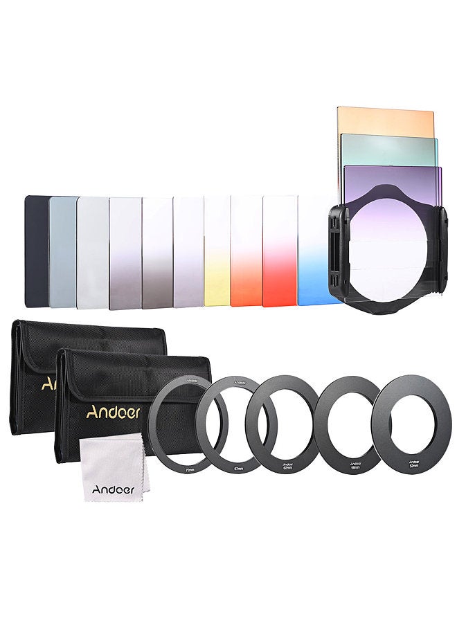 ANDOER 13pcs Square Gradient Full Color Filter Bundle Kit for Cokin P Series with Filter Holder + Adapter Ring(52mm / 58mm / 62mm / 67mm / 72mm ) + Storage Bag + Cleaning Cloth  - Image 1