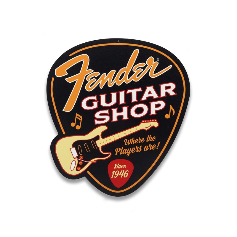 Open Road Brands Fender Guitar Shop Pick-Shaped Metal Sign - Vintage Fender Sign for Music Room or Man Cave - Image 1