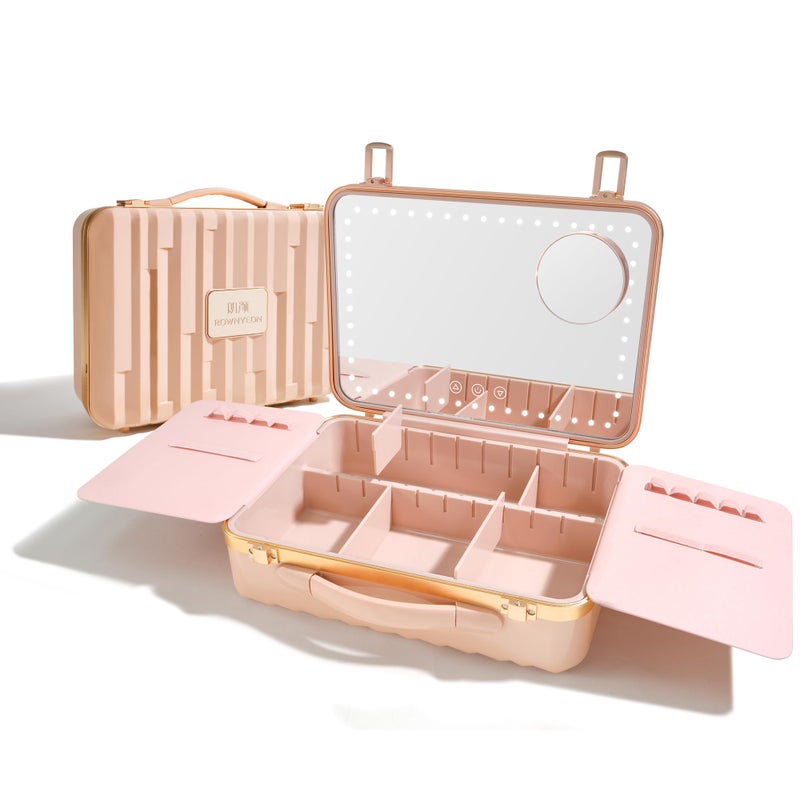 ROWNYEON Travel Makeup Case With Light Up Mirror - Portable Organizer and Train Case for Makeup Artists and Hairstylists with 5x Mirror(White) - Image 1