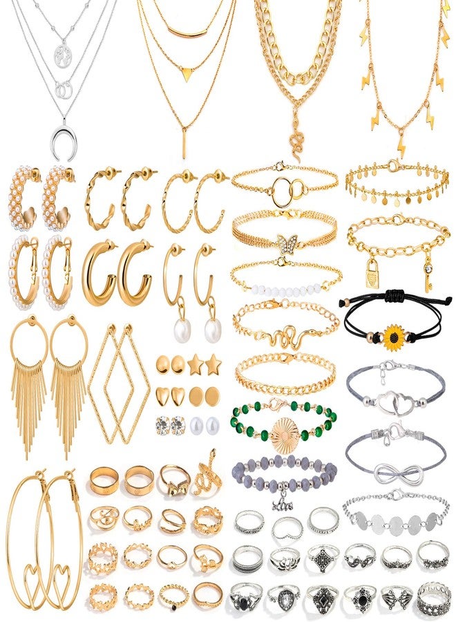 Thrilez 63 Pack of Jewelry Set for Women, Including 15 Pairs Fashion Earrings, 4 Pack Cute Necklaces, 13pc Aesthetic Bracelets/Anklets and 31pc Dainty Rings, Trending Gift for Ladies - Image 1