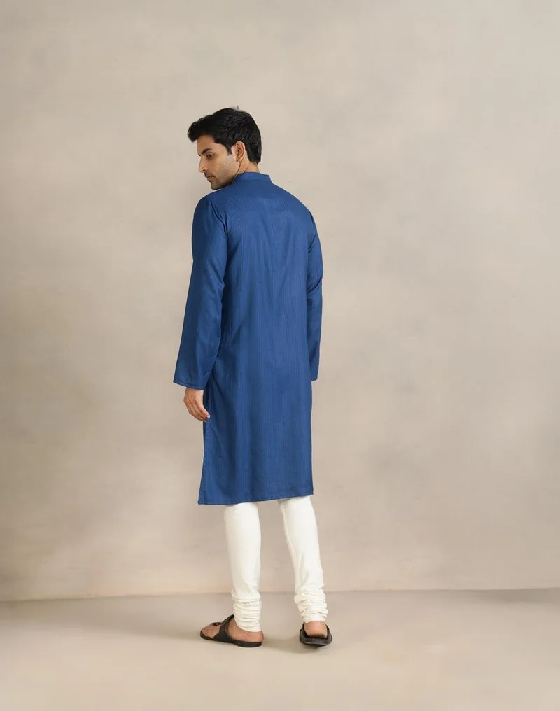 Fabindia Blue Viscose Blend Dobby Slim Fit Long Kurta