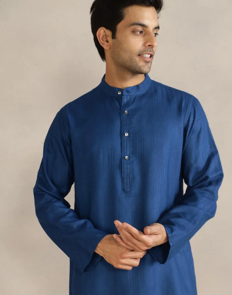 Fabindia Blue Viscose Blend Dobby Slim Fit Long Kurta