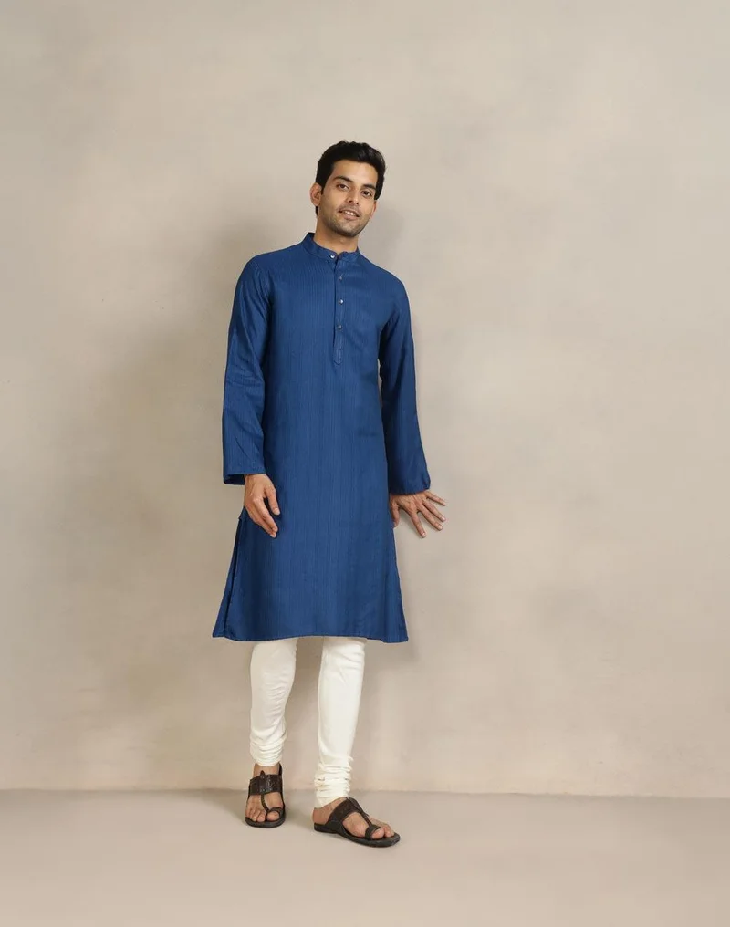 Fabindia Blue Viscose Blend Dobby Slim Fit Long Kurta
