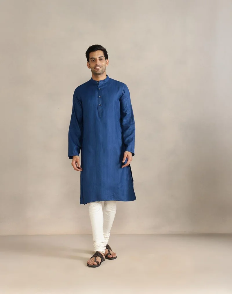 Fabindia Blue Viscose Blend Dobby Slim Fit Long Kurta