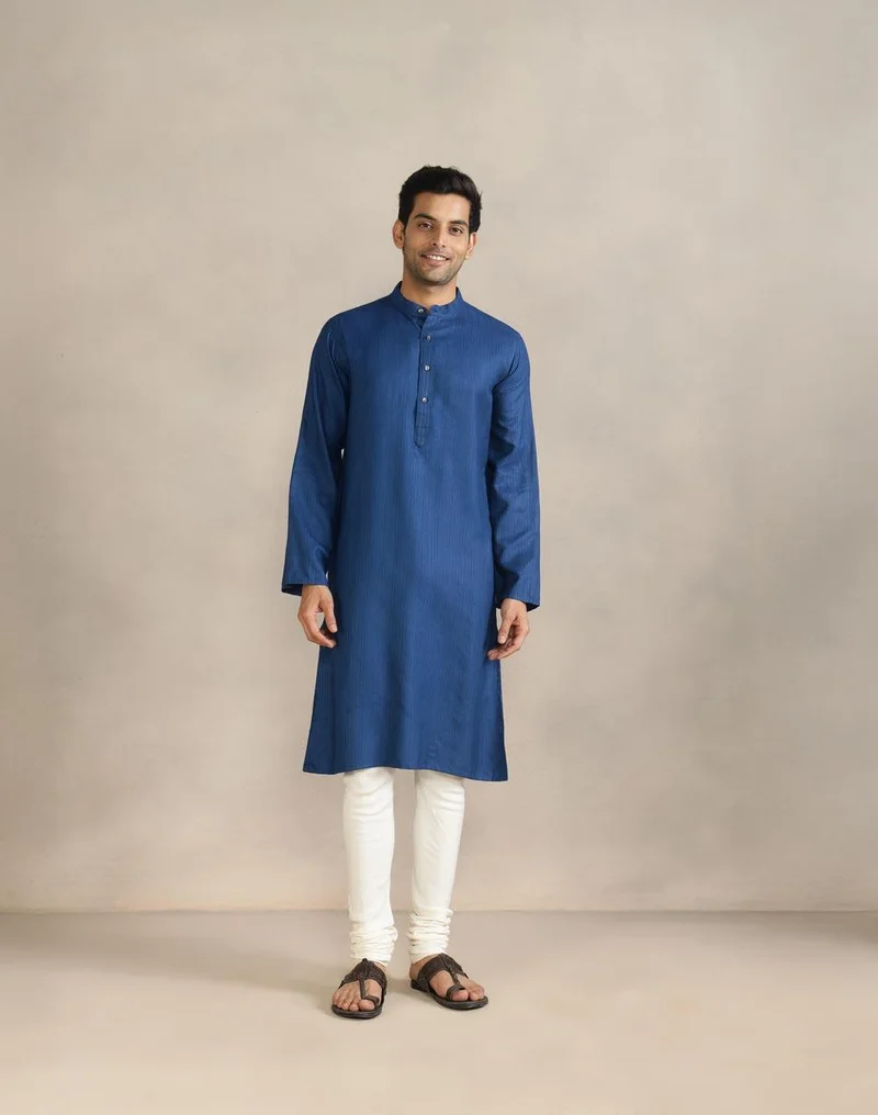Fabindia Blue Viscose Blend Dobby Slim Fit Long Kurta