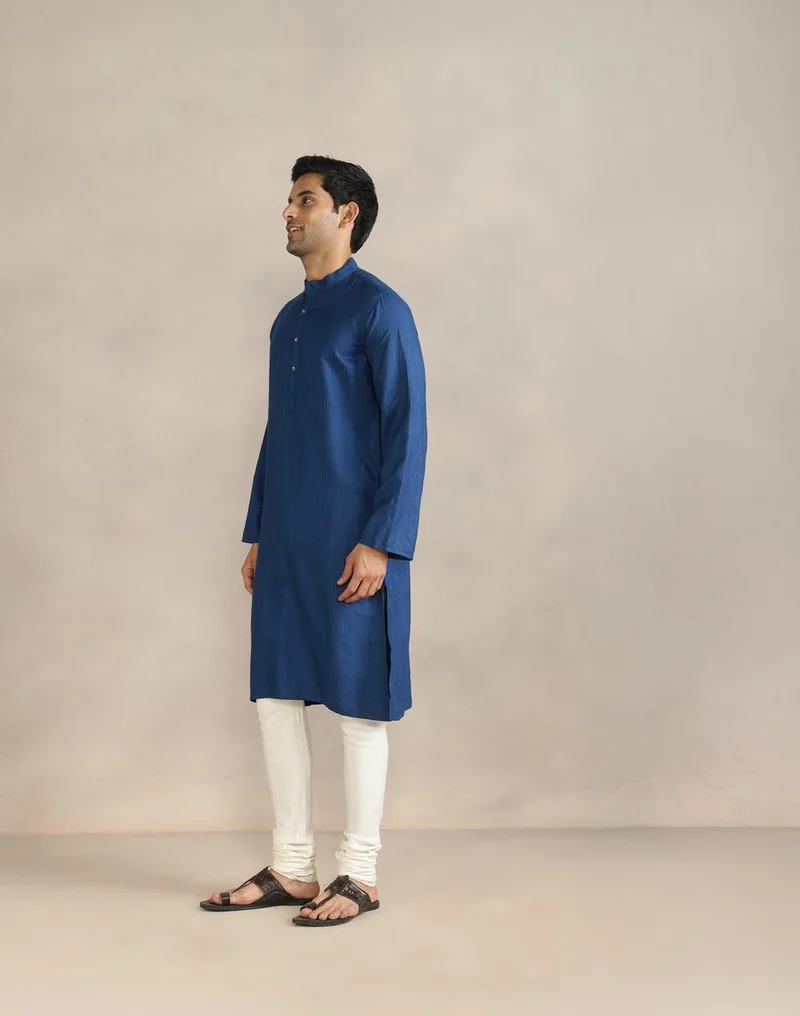 Fabindia Blue Viscose Blend Dobby Slim Fit Long Kurta