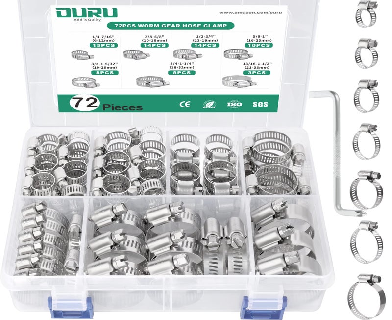 OURU 72PCS Hose Clamps Stainless Steel Assortment Adjustable 1/4"-1-1/2"(6-38mm) Worm Gear Hose Clamp, Heavy Duty Metal Small Hose Clamps for Automotive, Pipe, Radiator Plumbing, Fuel Line - Image 1