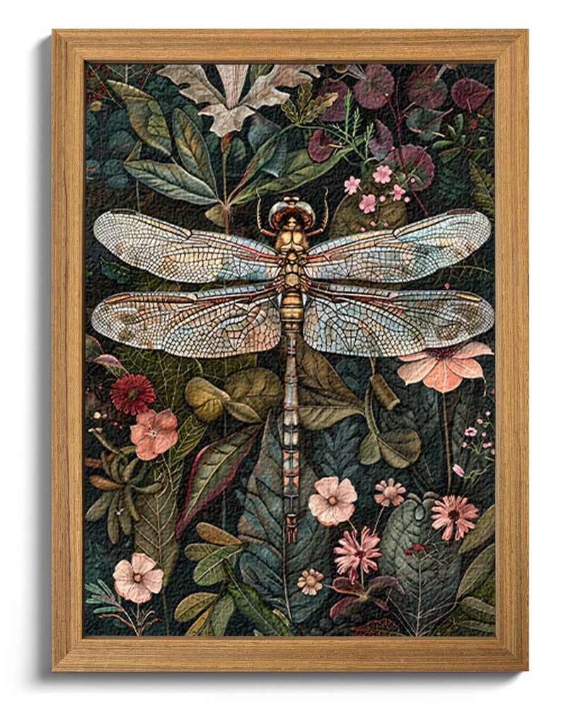 AKWISH Framed Vintage 3D Textured Wall Art - Dark Green Dragonfly Flowers Wall Decor - Hand Drawn Sandstone Nature Botanical Pictures for Living Room Bedroom Home Decor 24x36in - Image 1