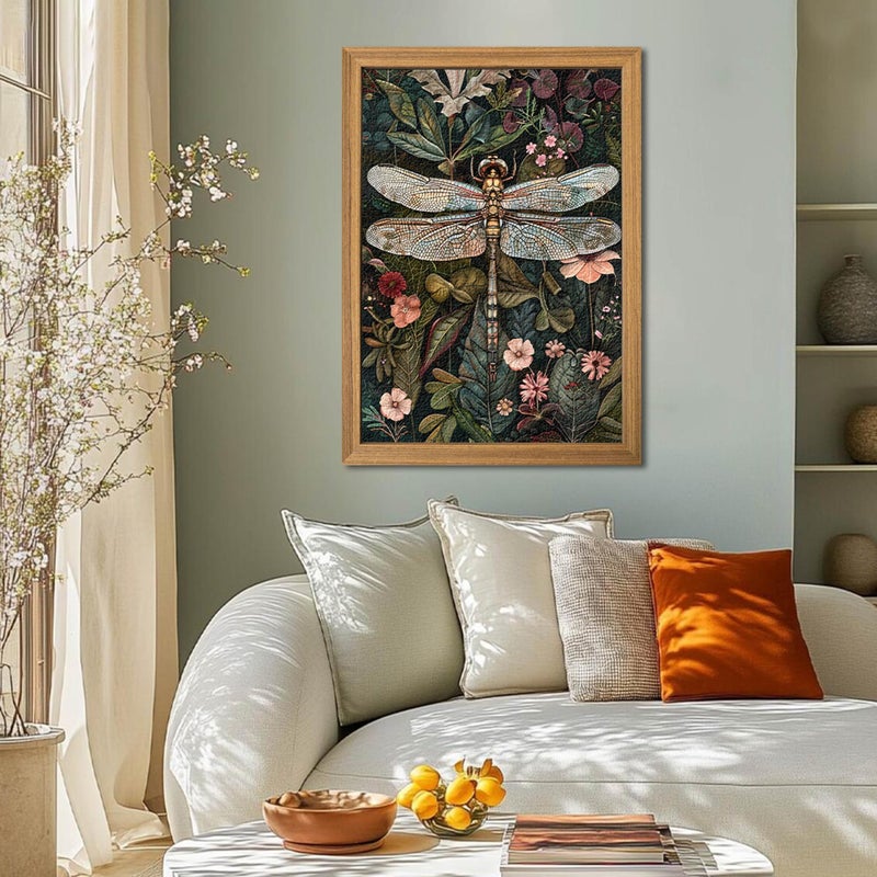 AKWISH Framed Vintage 3D Textured Wall Art - Dark Green Dragonfly Flowers Wall Decor - Hand Drawn Sandstone Nature Botanical Pictures for Living Room Bedroom Home Decor 24x36in - Image 2