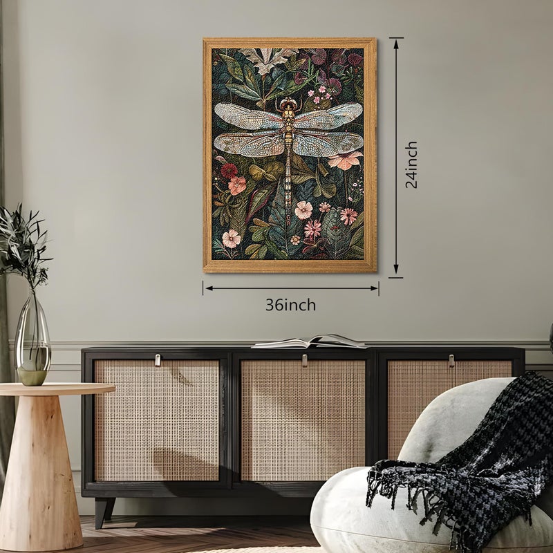 AKWISH Framed Vintage 3D Textured Wall Art - Dark Green Dragonfly Flowers Wall Decor - Hand Drawn Sandstone Nature Botanical Pictures for Living Room Bedroom Home Decor 24x36in - Image 3