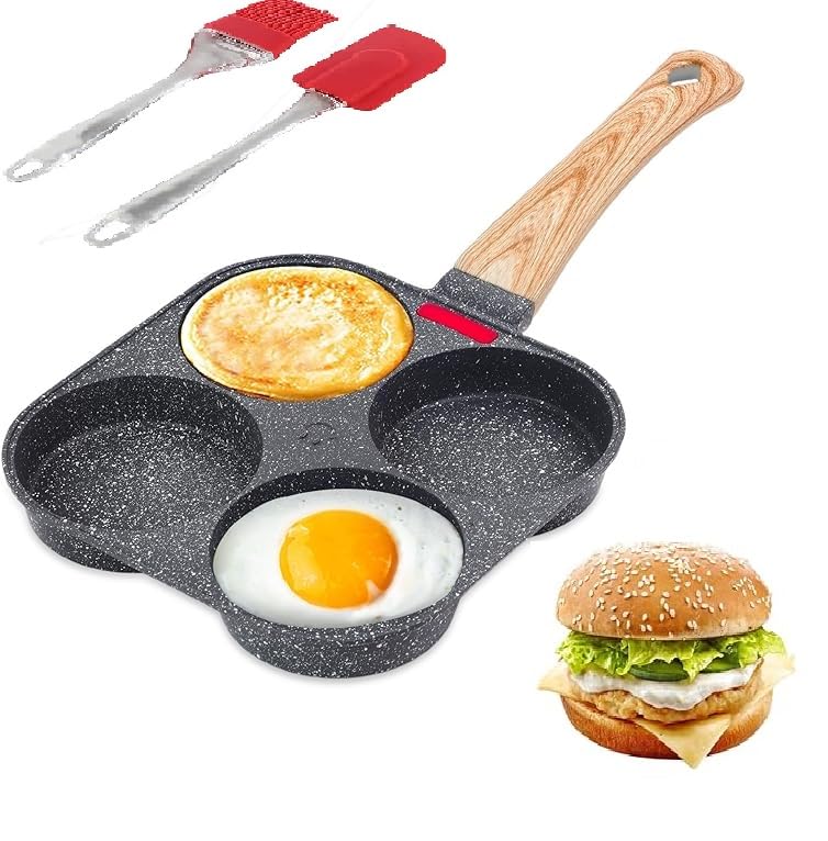 DOZERA Multi Purpose Egg Frying pan, Non-Stick 4 Hole, Mini Egg Cooker for Kitchen Breakfast, Frying pan for Omelet uttapam, idli Burger, Kitchen (Pan with Silicone Oil Brush and Spatula) - Image 1