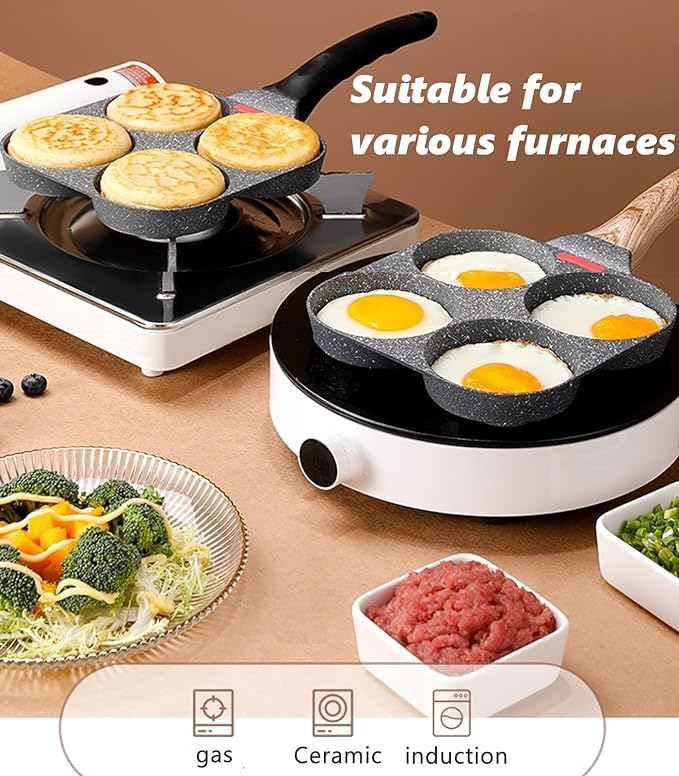 DOZERA Multi Purpose Egg Frying pan, Non-Stick 4 Hole, Mini Egg Cooker for Kitchen Breakfast, Frying pan for Omelet uttapam, idli Burger, Kitchen (Pan with Silicone Oil Brush and Spatula) - Image 5