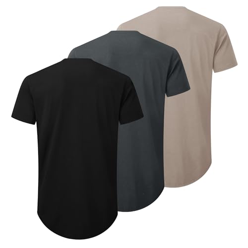 TEZO Mens 3 Pack Plain Cotton Shirts Short Sleeve Casual Crew Neck T-Shirts Hipster Hip Hop Longline Tees Shirts Drop Cut Curved Hem Shirt (BKDGKA M) - Image 2