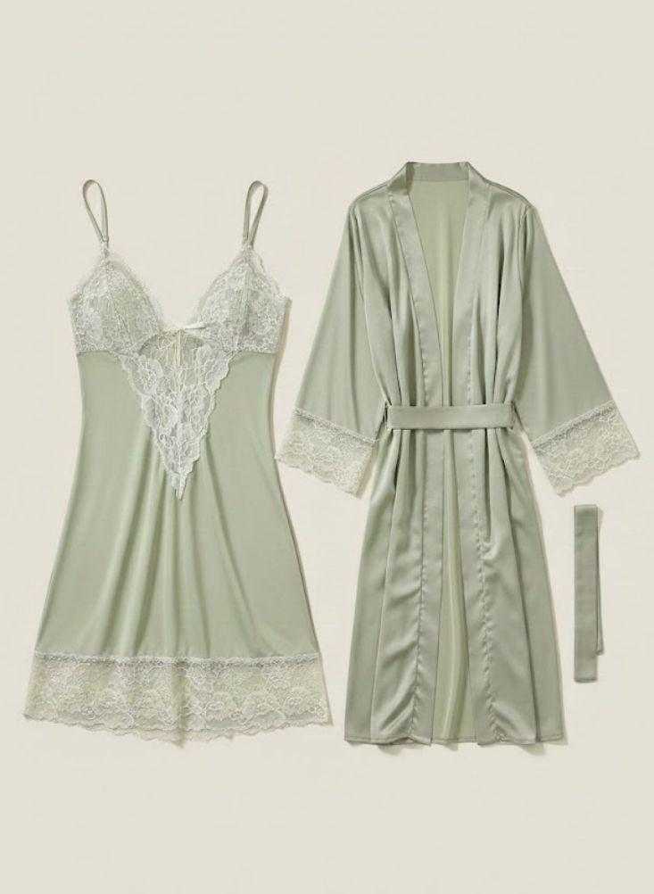 Cute Sage Green Lace Nightdress with Matching Robe – Soft Breathable Fabric, Feminine V-Neck Design, Luxury Women’s Sleepwear Set - Image 4