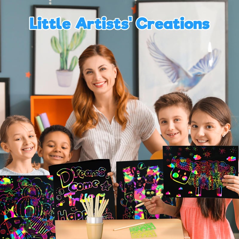 ZMLM Scratch Art Crafts Boys Gifts, 100pcs Rainbow Scratch Paper Art for 3 4 5 6 7 8 9 Years Old Girls and Boys Kids, Arts and Crafts for Kids 4-6 Christmas Gifts Toys and Party Favors (Blue) - Image 5