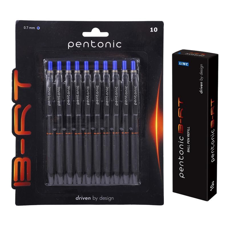 Pentonic B-RT 0.7mm Retractable Ball Point Pen Blister Pack & Refill Combo | Blue Ink | 10 Pcs Pens with 10 Pcs Refills - Image 1