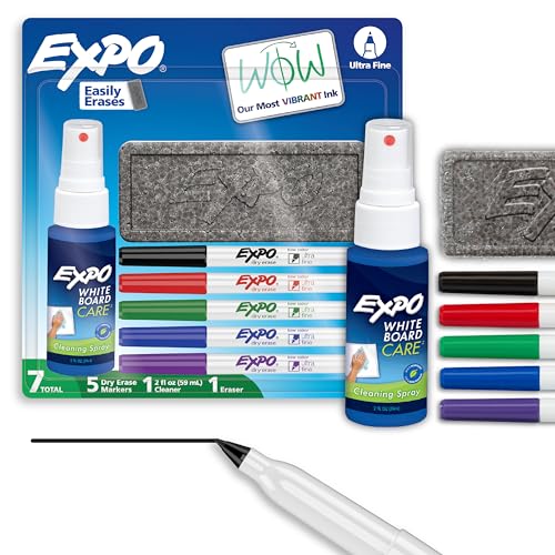 EXPO Dry Erase Markers Kit, Ultra Fine Tip, Assorted Colors, Eraser, Spray Cleaner, 7 Count - Whiteboard, Calendar, Office, School, Classroom, Teacher Supplies - Image 1