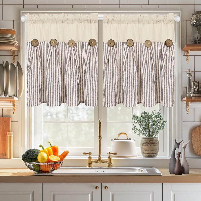 ASPMIZ Cotton Linen Kitchen Curtains 24 Inch Length Tier Curtain for Small Window Treatment, Boho Button Half Window Curtain Farmhouse, Brown Stripe Rod Pocket Short Curtains for Window Cafe Bathroom - Image 1