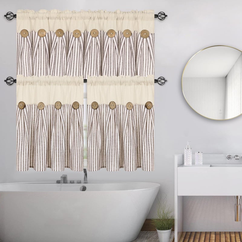 ASPMIZ Cotton Linen Kitchen Curtains 24 Inch Length Tier Curtain for Small Window Treatment, Boho Button Half Window Curtain Farmhouse, Brown Stripe Rod Pocket Short Curtains for Window Cafe Bathroom - Image 3