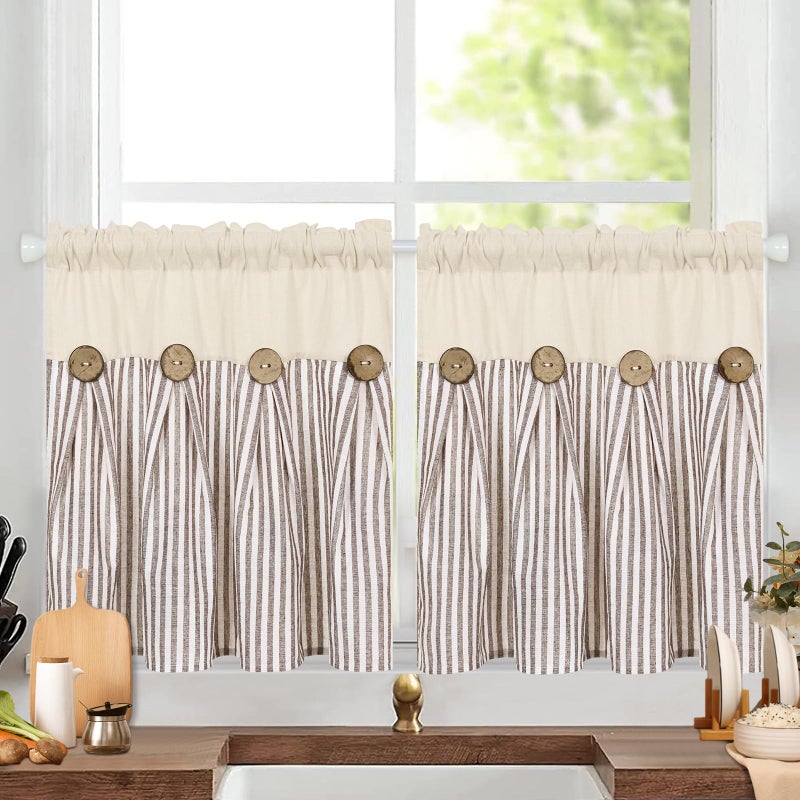 ASPMIZ Cotton Linen Kitchen Curtains 24 Inch Length Tier Curtain for Small Window Treatment, Boho Button Half Window Curtain Farmhouse, Brown Stripe Rod Pocket Short Curtains for Window Cafe Bathroom - Image 2