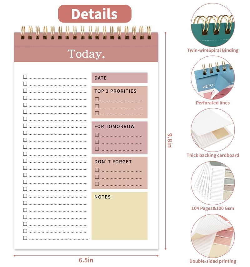ALKALO 104 Pgs To Do List Notepad, 52 Undated Sheets Duplex-printed Daily Planner For Work Home School Office Desk Accessories Supplies & Goal Setting Tasks -Pink - Image 3