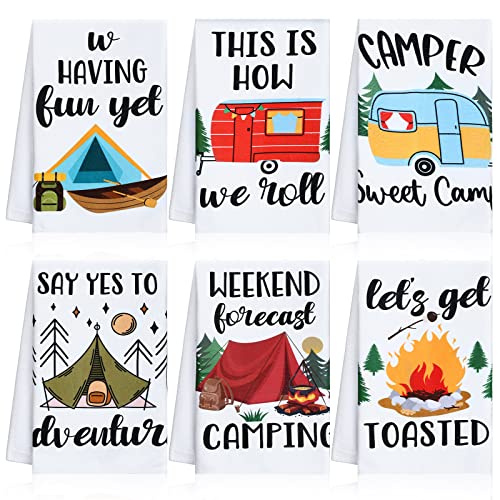 Kingdder 6 Pcs Camper Dish Kitchen Towels Funny Sayings Happy Camping Hand Towels 16 x 24 Inches Housewarming Farmhouse Gift Camping Accessories for RV Campers