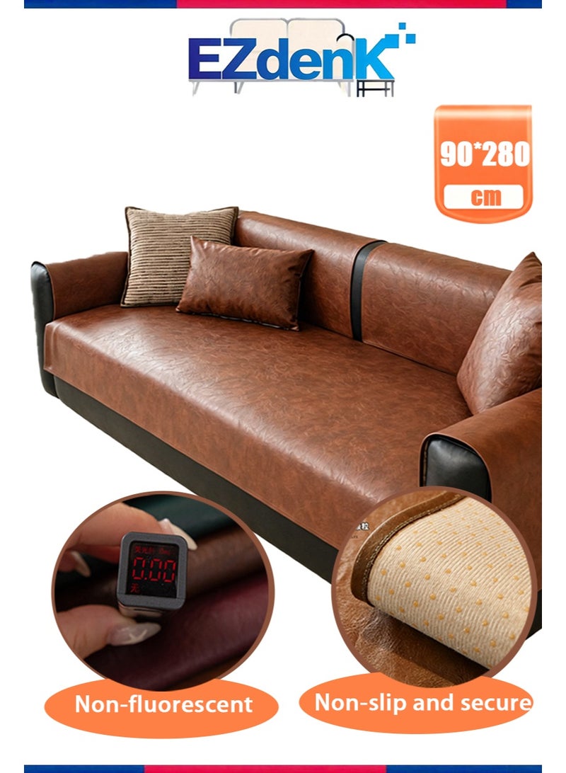 EZdenK 90*280cm vintage leather sofa cover， waterproof and non-slip combination sofa cover， suitable for dogs， children， and pet furniture protection， with silicone anti-slip dots (Brown，4-5 people) - Image 1