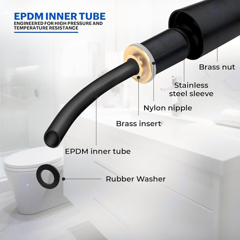 NEW WARE 1Meter Stainless Steel Matt Black Hose Pipe - Flexible Health Faucet Pipe for Bathroom & Toilet, Heavy Duty Pipe with Brass Nut-Hose Pipe Without Gun -Shower Tube(15mm) 1/2" - Image 5