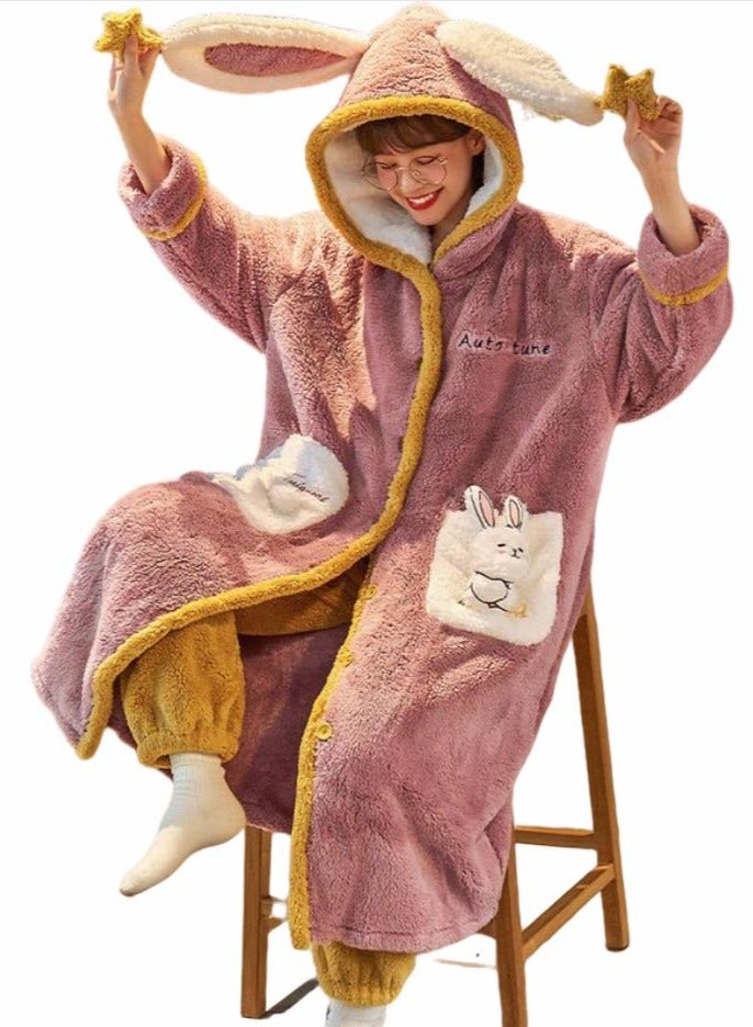 KUYING Velvet and Thickened Nightgown Cute Cartoon Home Fur Set