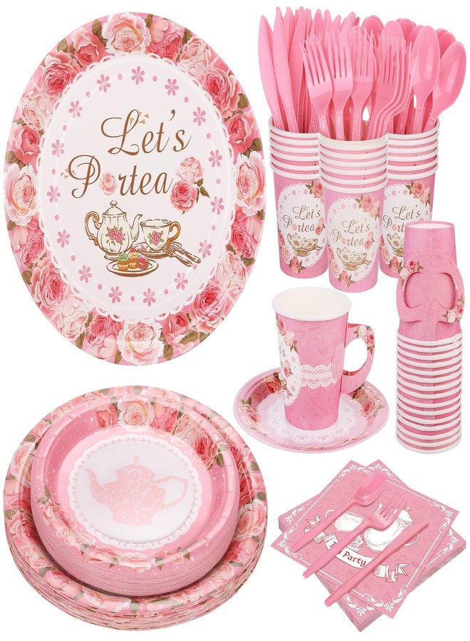Kochorie 192 Pcs Tea Party Tableware Sets Disposable Tea Party Supplies Including Plates Cups Napkins Cutlery Serves 24 Disposable Teacups and Saucers Sets for Birthday Wedding Tea Party Decorations - Image 1
