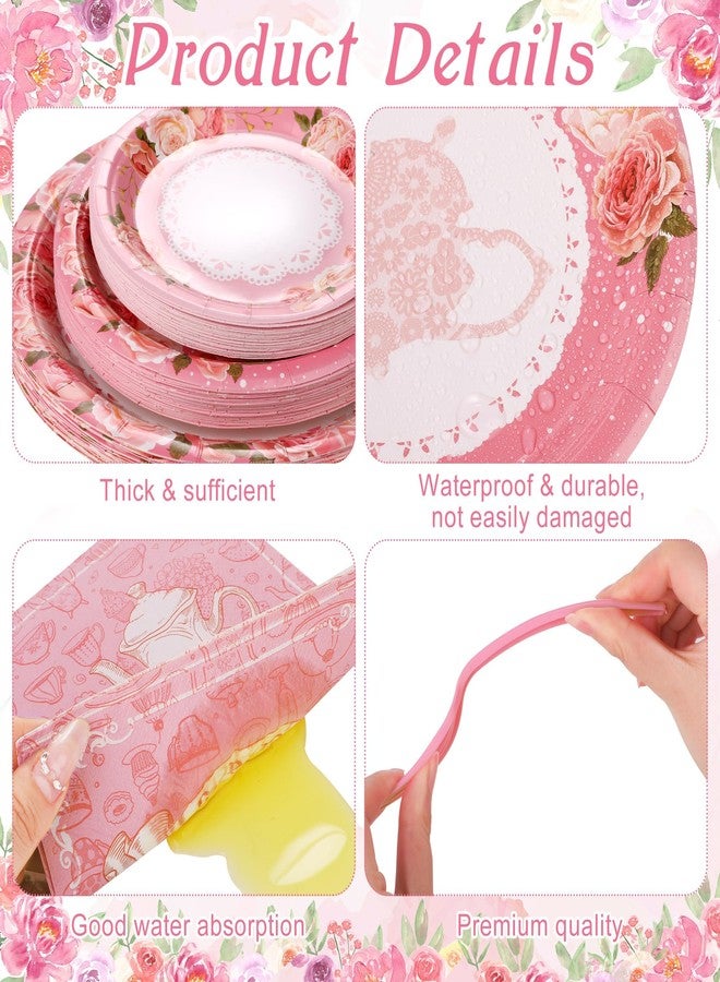 Kochorie 192 Pcs Tea Party Tableware Sets Disposable Tea Party Supplies Including Plates Cups Napkins Cutlery Serves 24 Disposable Teacups and Saucers Sets for Birthday Wedding Tea Party Decorations - Image 3