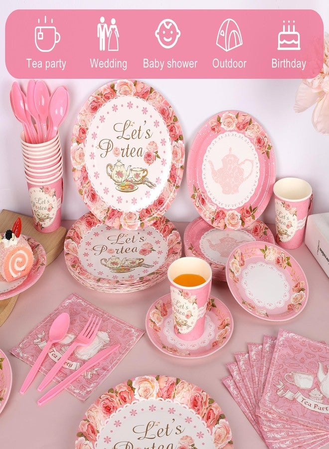 Kochorie 192 Pcs Tea Party Tableware Sets Disposable Tea Party Supplies Including Plates Cups Napkins Cutlery Serves 24 Disposable Teacups and Saucers Sets for Birthday Wedding Tea Party Decorations - Image 5