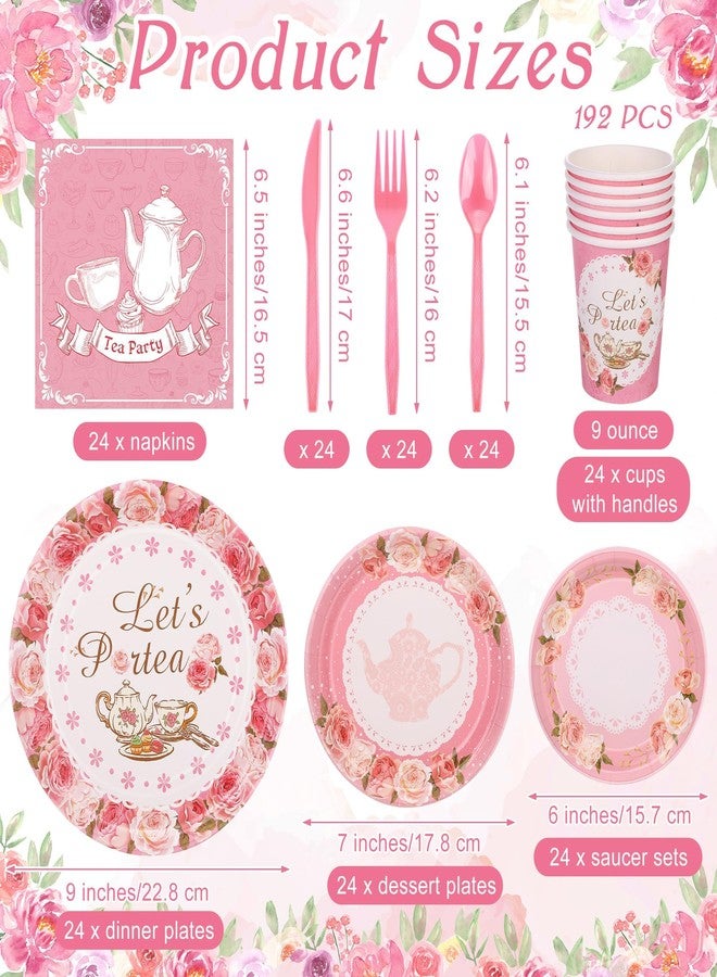 Kochorie 192 Pcs Tea Party Tableware Sets Disposable Tea Party Supplies Including Plates Cups Napkins Cutlery Serves 24 Disposable Teacups and Saucers Sets for Birthday Wedding Tea Party Decorations - Image 2