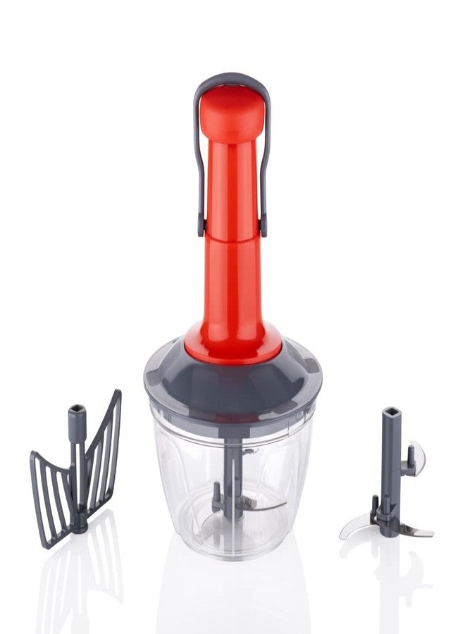 Tosaa Manual Press Fruit & Vegetable Chopper, with 3 Stainless Steel Blades, 1 Whisker, Anti-Slip Base, and Locking System, 500 ml, Color May Vary - Image 1