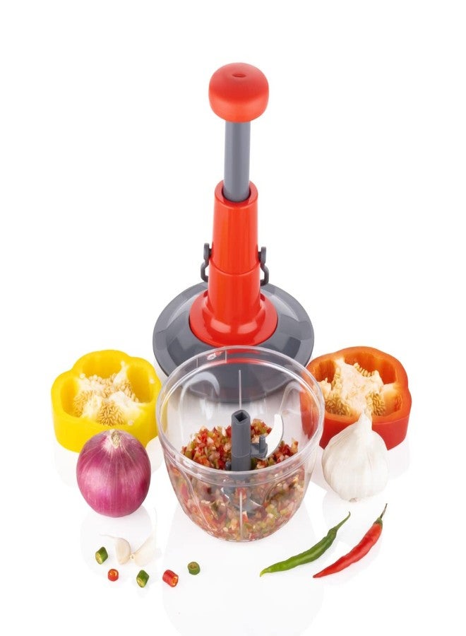 Tosaa Manual Press Fruit & Vegetable Chopper, with 3 Stainless Steel Blades, 1 Whisker, Anti-Slip Base, and Locking System, 500 ml, Color May Vary - Image 3