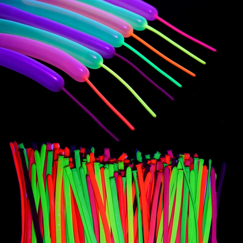 Azonee Neon Long Balloons Glow In The Dark Black Light Reactive Tying Balloons in Assorted Colors Fun UV Fluorescent Party Gifts Luminous Animal Ballons for Birthday Decoration 100 Pack - Image 1