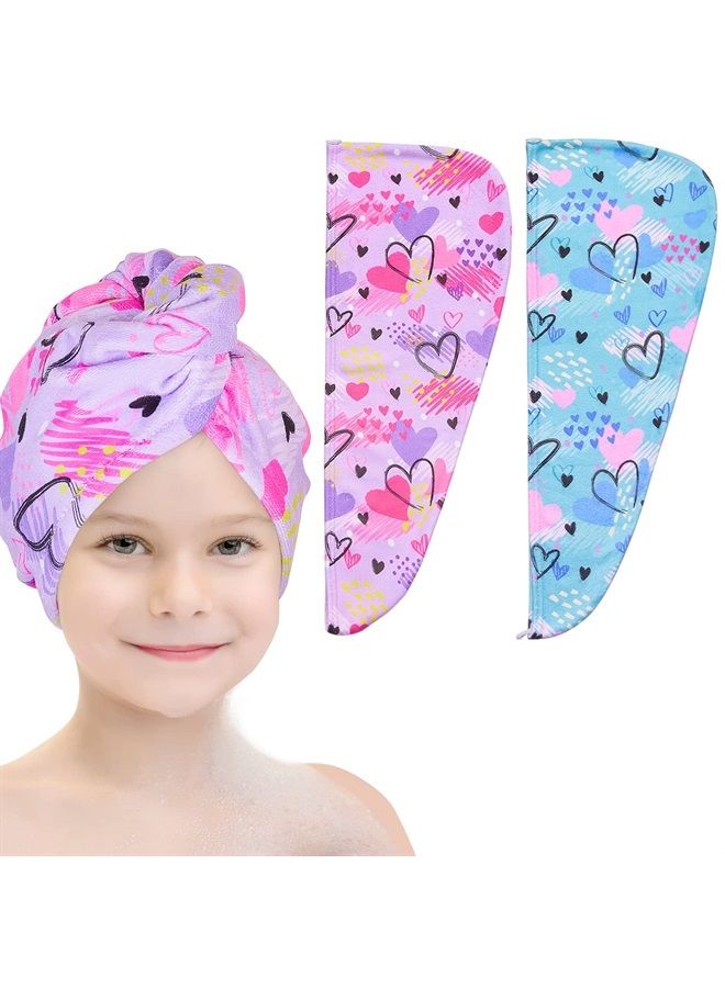 Basumee Microfiber Hair Towel Wrap for Kids 2 Pack Rapid Drying Hair Towel with Button Hair Turbans for Wet Hair Wraps Head Towel Wrap for Women and Girls, Love - Image 1