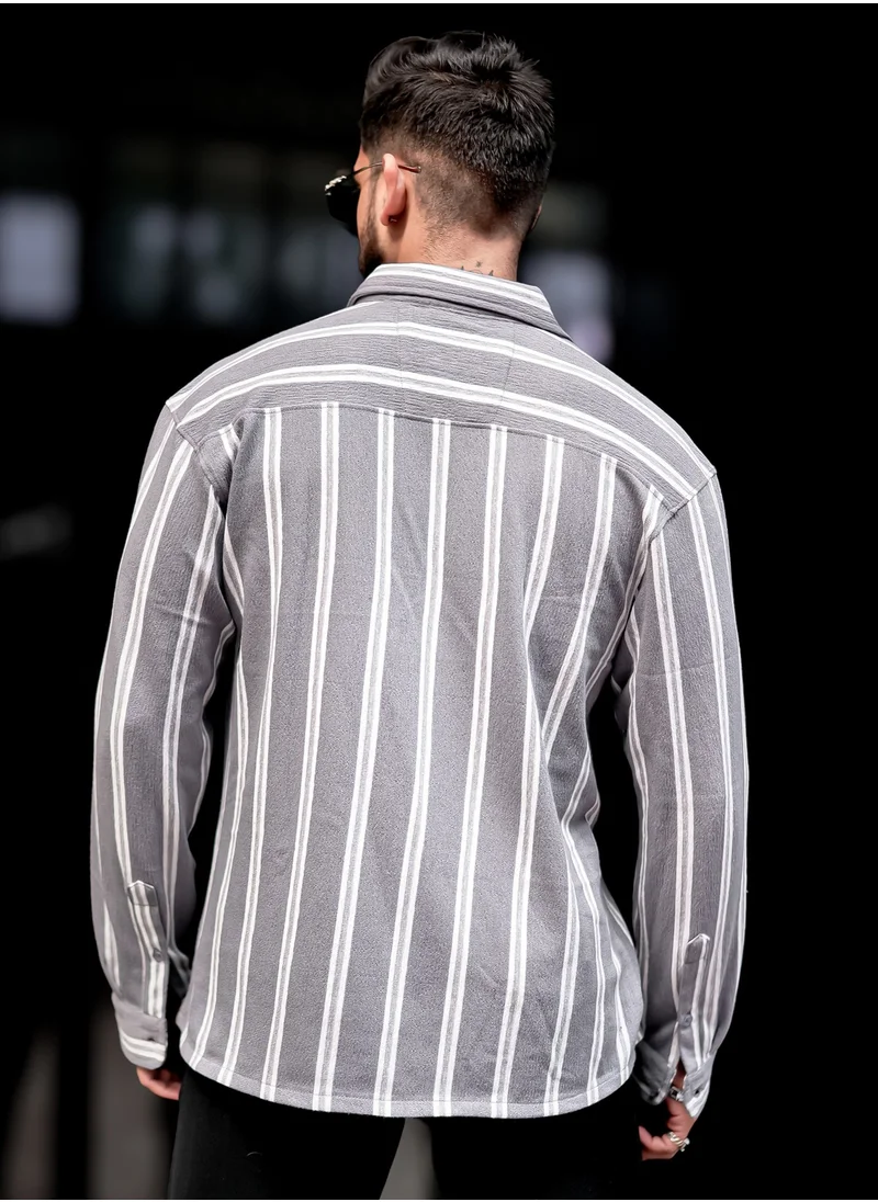 مانياك Maniac Mens Vertical Stripes Full Sleeve Terry Fabric Grey Slim Fit Shirt