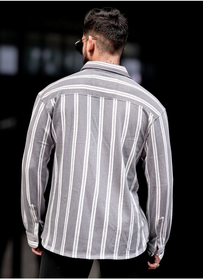 Maniac Maniac Mens Vertical Stripes Full Sleeve Terry Fabric Grey Slim Fit Shirt  - Image 4