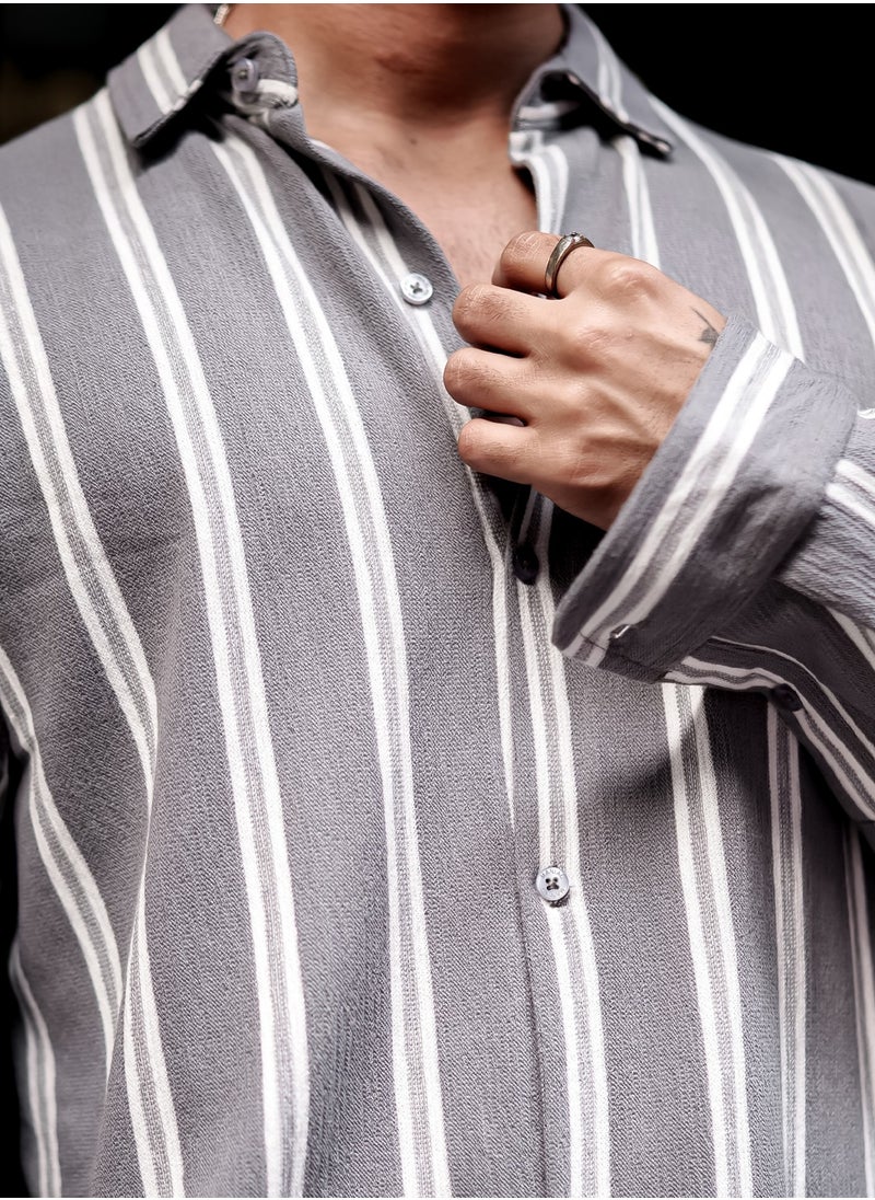 Maniac Maniac Mens Vertical Stripes Full Sleeve Terry Fabric Grey Slim Fit Shirt  - Image 5