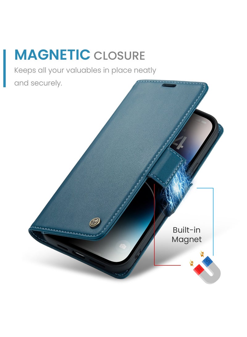 Flip Wallet Case for iPhone 15 Pro, Leather Magnetic Attachment Flip Case Blue - Image 3