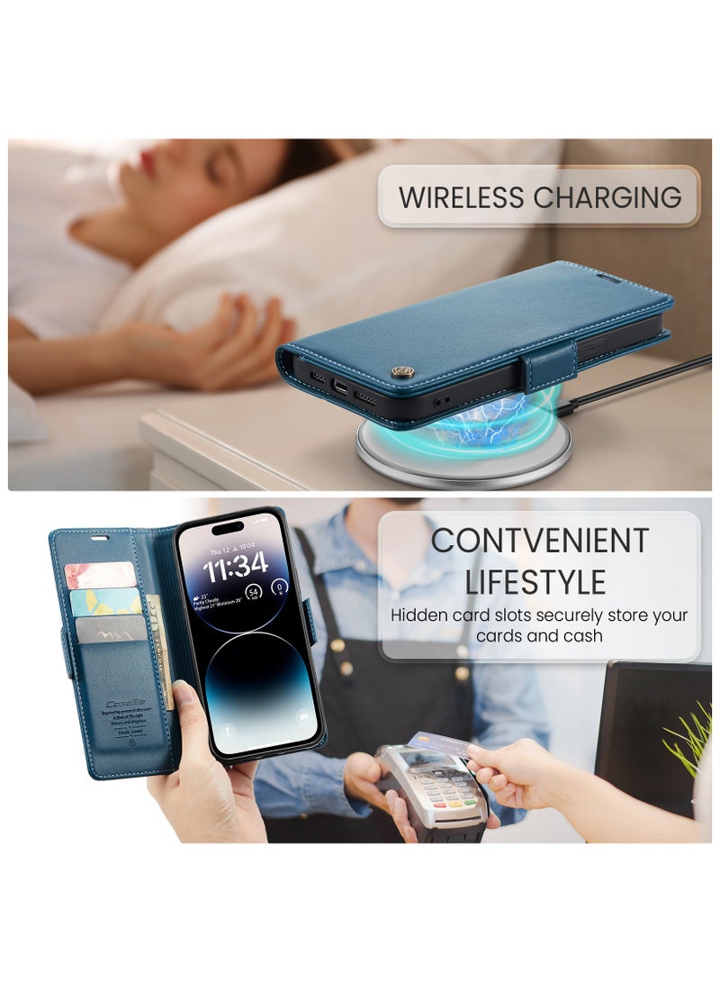 Flip Wallet Case for iPhone 15 Pro, Leather Magnetic Attachment Flip Case Blue - Image 5