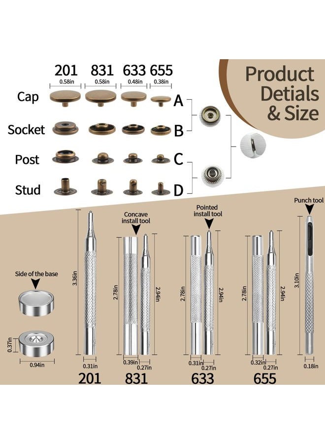 ofone Leather Snap Fasteners Kit, 40 Sets Metal Button Snaps Press Studs with 9 Pieces Fixing Tools, Snap Button Kit for Marine Boat Canvas Clothing Leather, Jackets, Bags, Bronze - Image 2