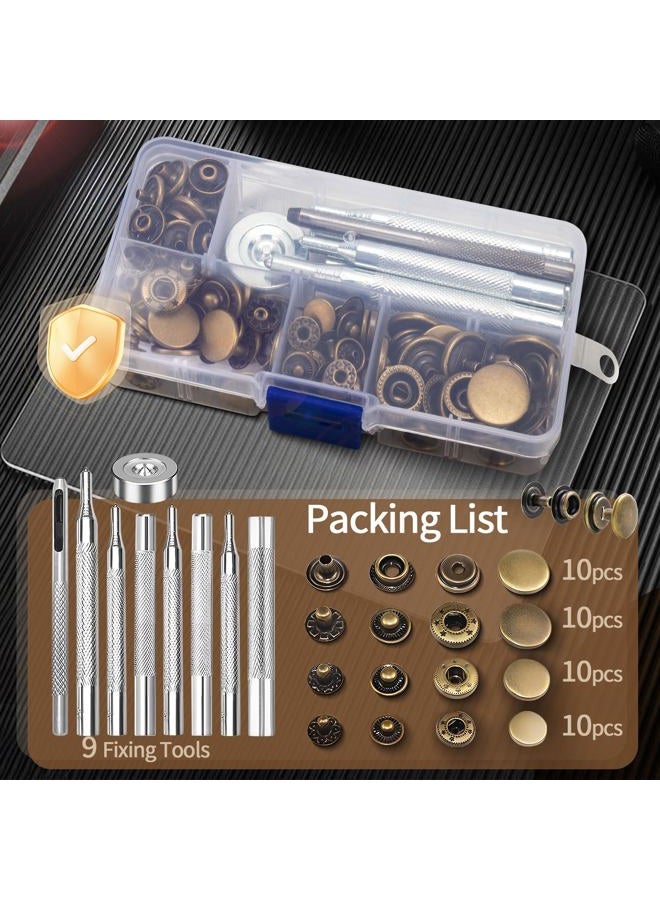 ofone Leather Snap Fasteners Kit, 40 Sets Metal Button Snaps Press Studs with 9 Pieces Fixing Tools, Snap Button Kit for Marine Boat Canvas Clothing Leather, Jackets, Bags, Bronze - Image 3